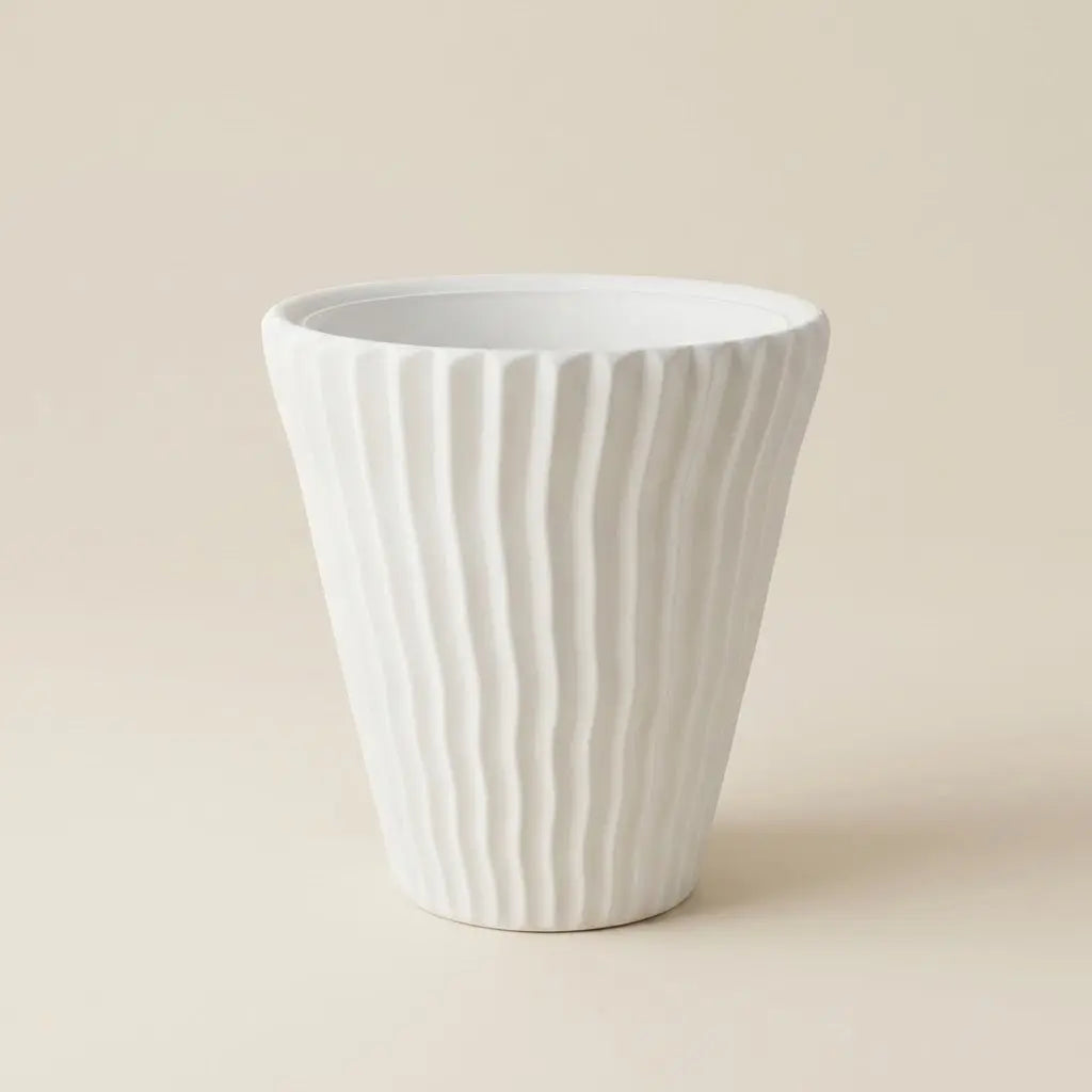 Cache-Pot en Plastique Blanc – Pot de Fleurs Cannelé à Reliefs Ondulés