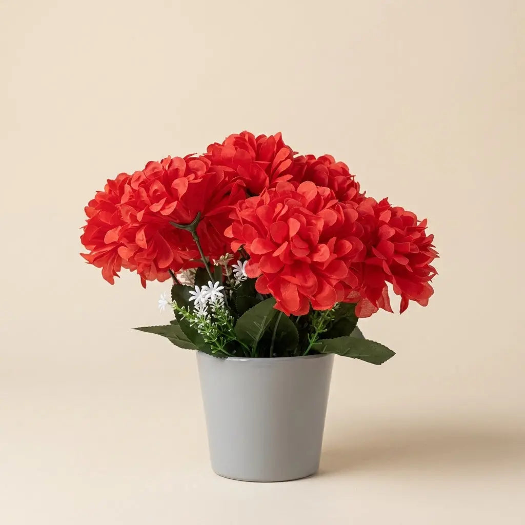 Plante en Pot Artificielle Fleurs Rouges – Bouquet de Dahlias ou Chrysanthèmes en Pot