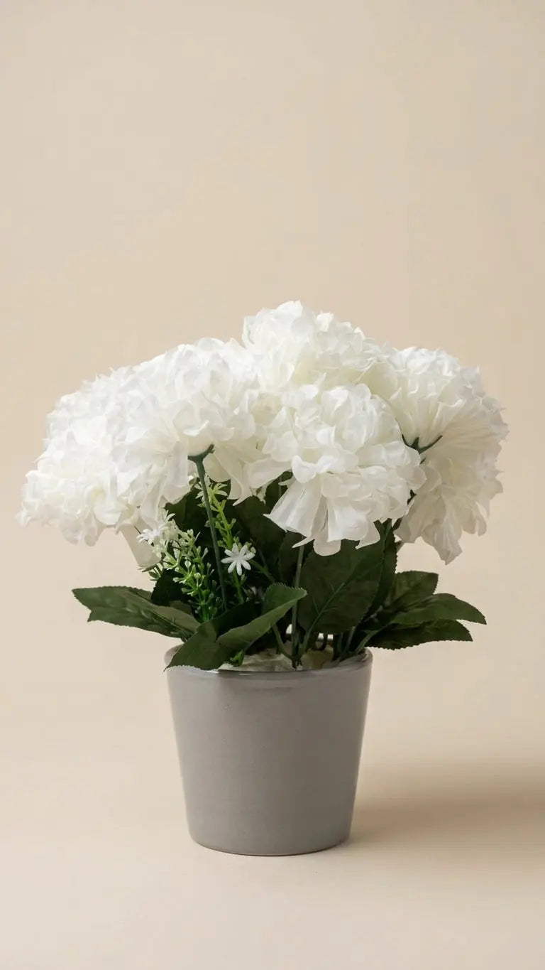 Plante en Pot Artificielle Fleurs Blanches – Bouquet de Dahlias ou Chrysanthèmes en Pot