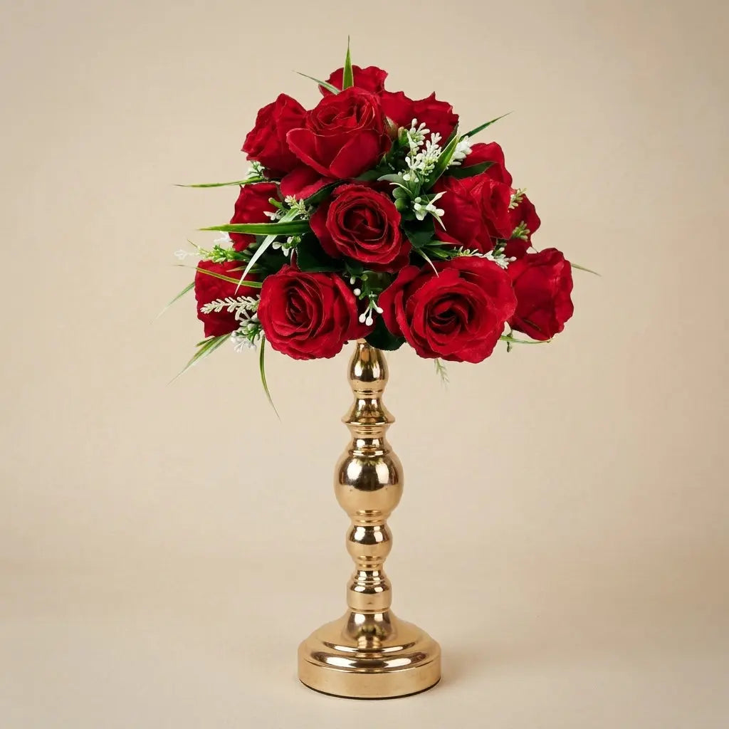 Centre de Table Floral sur Pied Doré – Composition de Roses Prestige darlworod