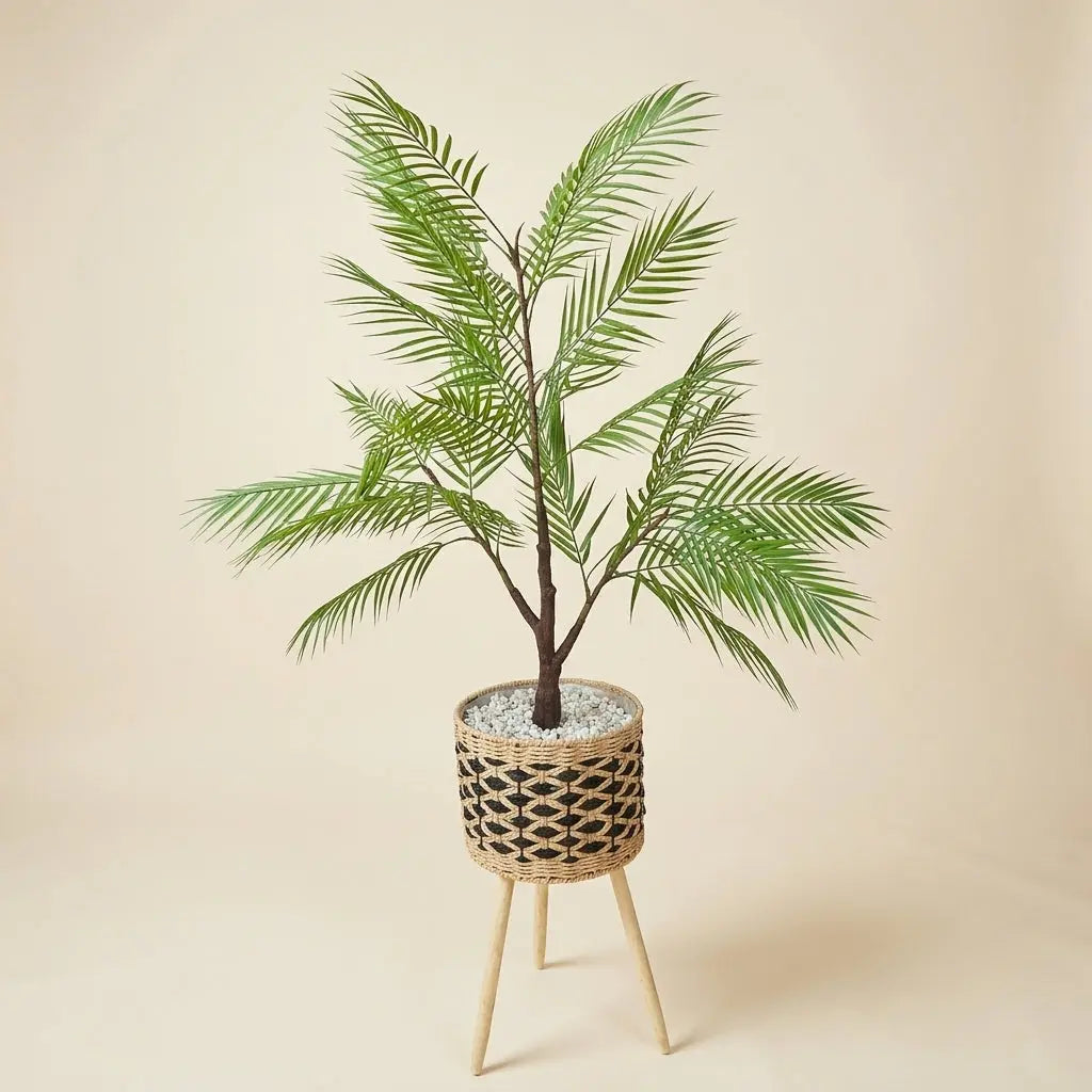 Palmier Artificiel et Son Pot en Cache-Pot Tressé sur Trépied darlworod
