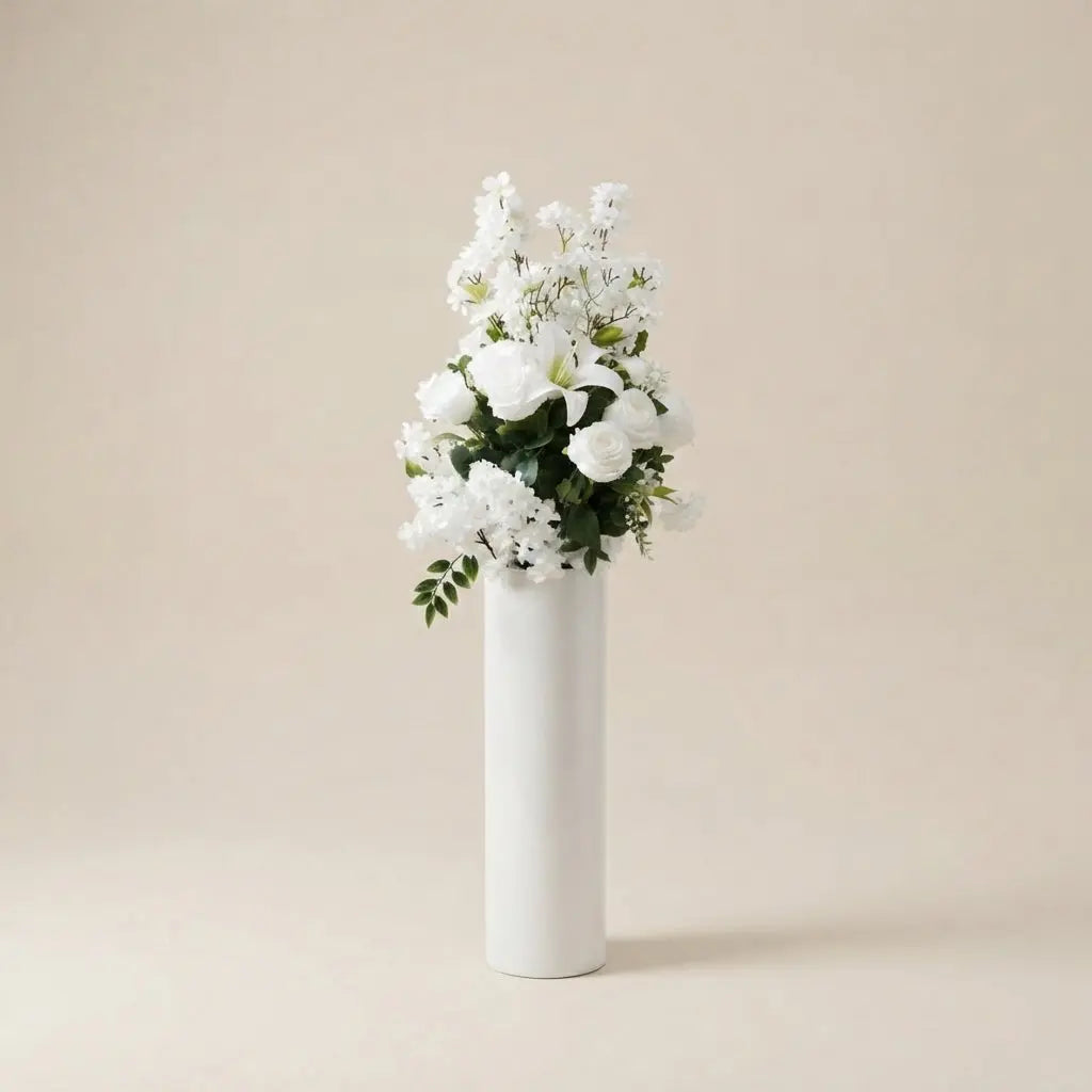 Grand Vase Cylindrique Blanc avec Bouquet de Fleurs Artificielles Blanches