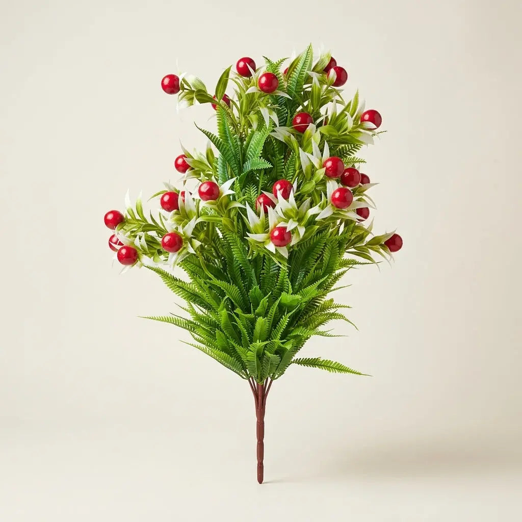 Pick de Fleurs Artificielles Feuillage Vert & Baies Rouges – Bouquet Champêtre Festif
