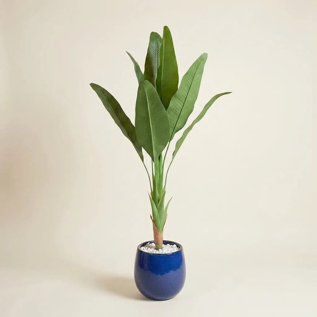 Bananier Artificiel Haut de Gamme en Pot Céramique Bleu Cobalt darlworod