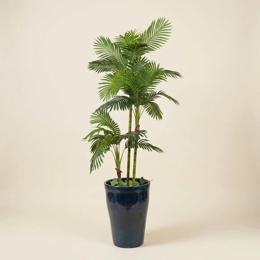 Palmier Areca Artificiel Multi-Troncs et Son Pot en Céramique Bleu Nuit darlworod