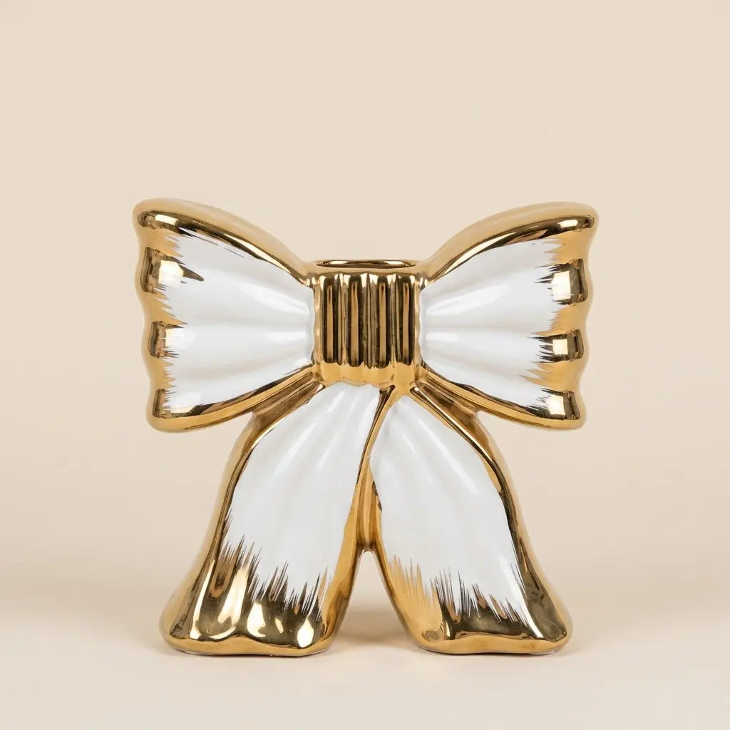 Vase Nœud Papillon en Céramique Blanc et Or – Sculpture Décorative Tendance Coquette Chic
