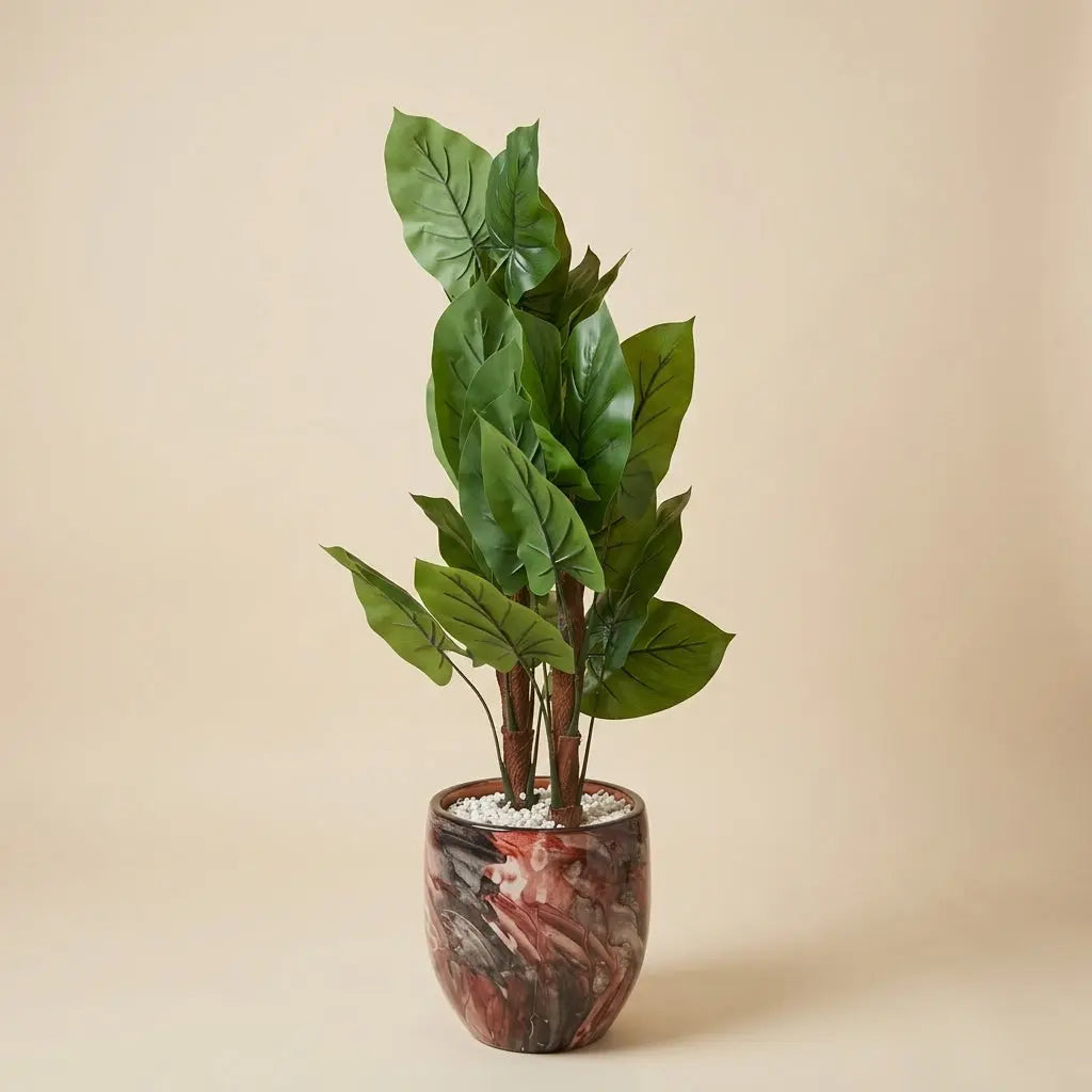 Alocasia Artificielle et Son Pot en Céramique Marbrée darlworod