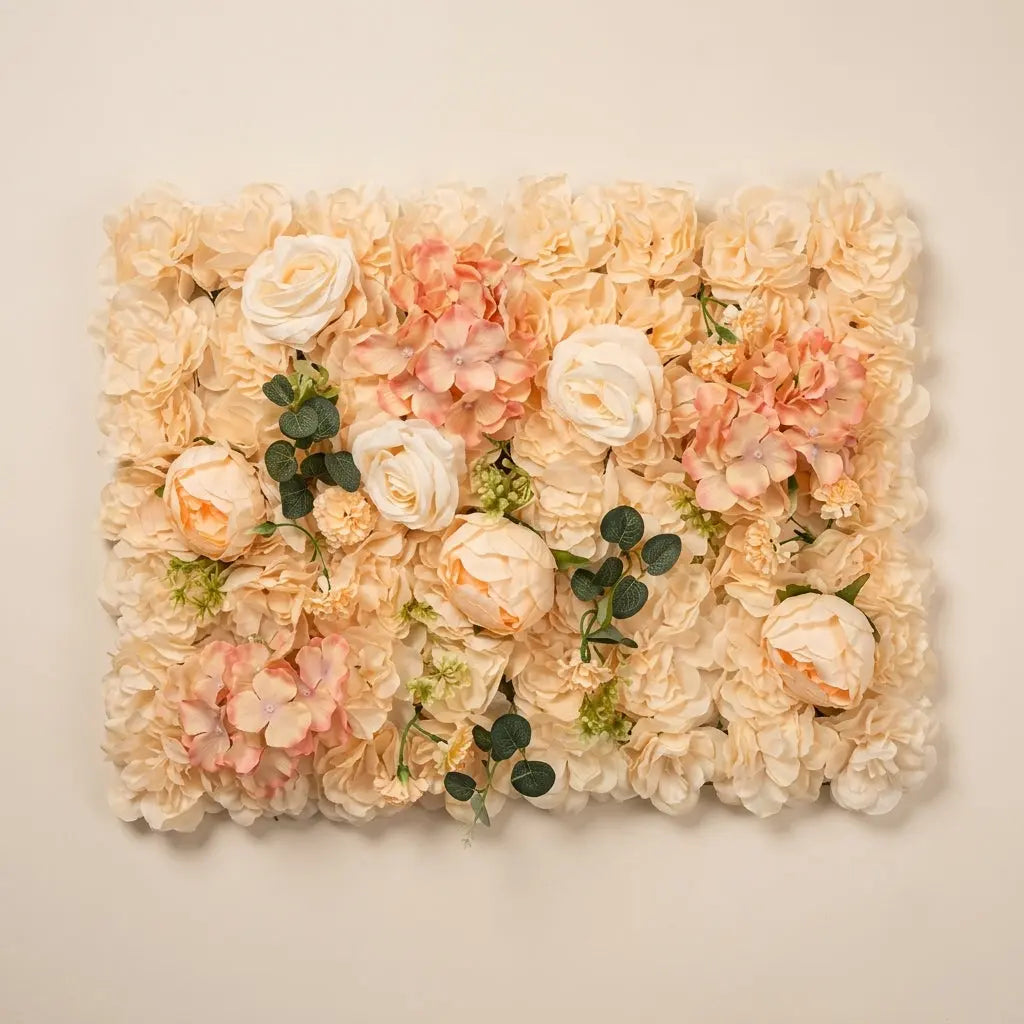 Panneau Mural de Fleurs Artificielles 50x50 cm – Pivoines & Roses Pêche Premium