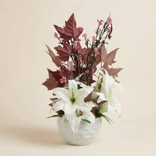 Composition Florale Artificielle Lys Blancs & Feuillage Automnal – Vase en Céramique Sculpté darlworod