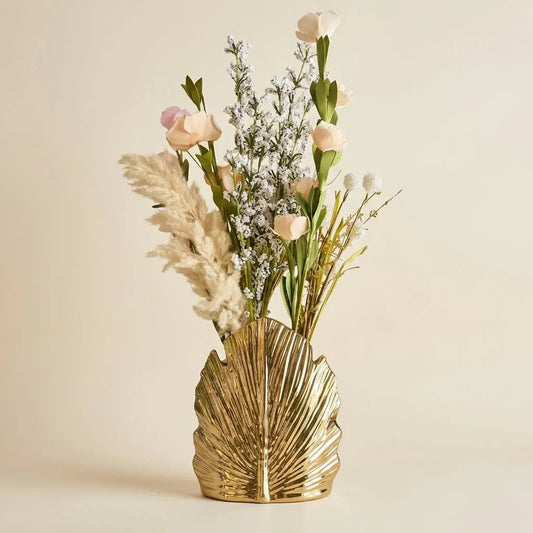 Vase Feuille Dorée et Son Bouquet Artificiel Élégant darlworod