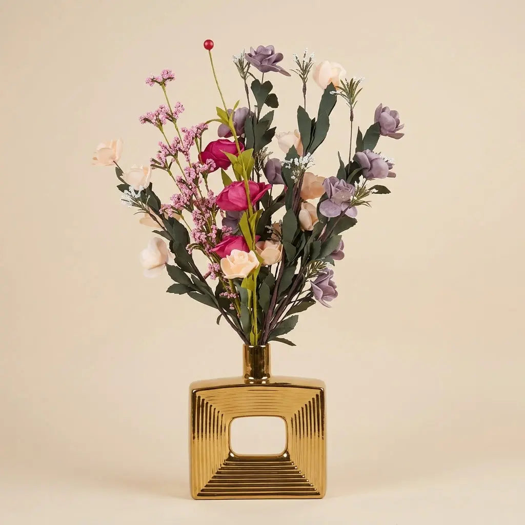 Vase Carré Évidé Doré et Son Bouquet Champêtre Pastel darlworod