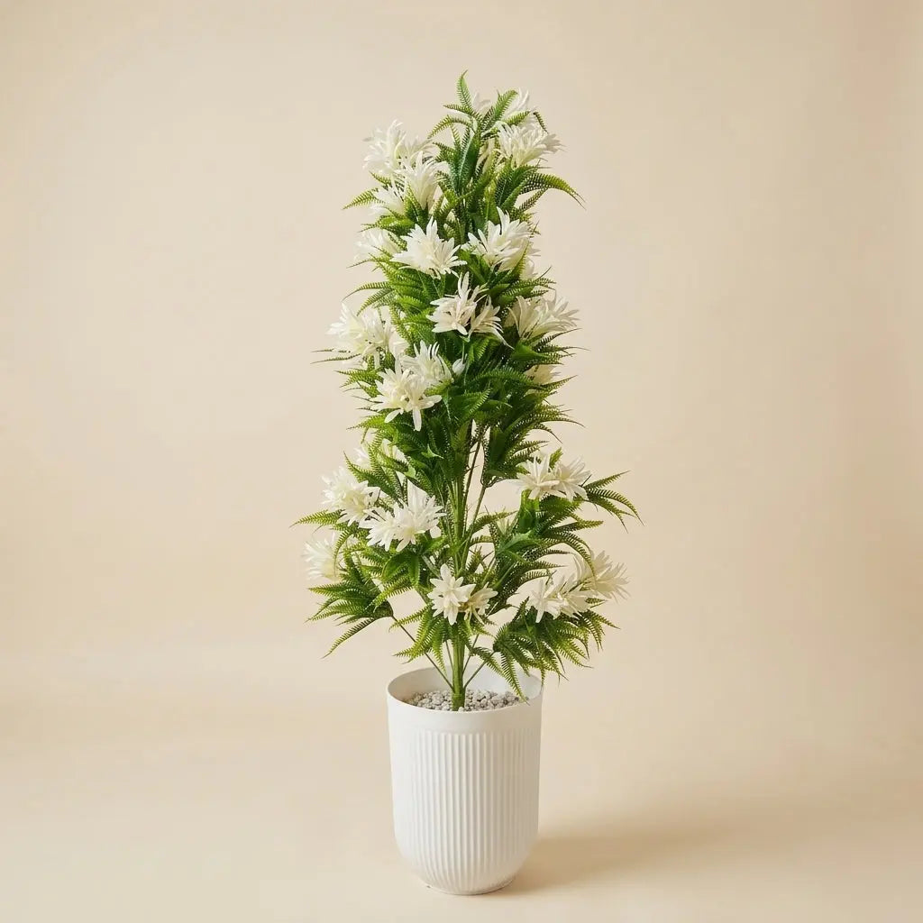 Plante Artificielle Fleurie Pyramide et Son Pot en Céramique Blanche darlworod