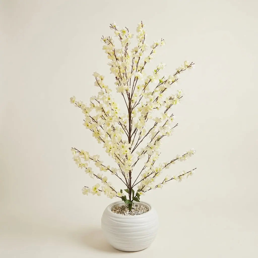 Cerisier en Fleurs Artificiel Blanc – Pot en Céramique Blanche Ondulée darlworod
