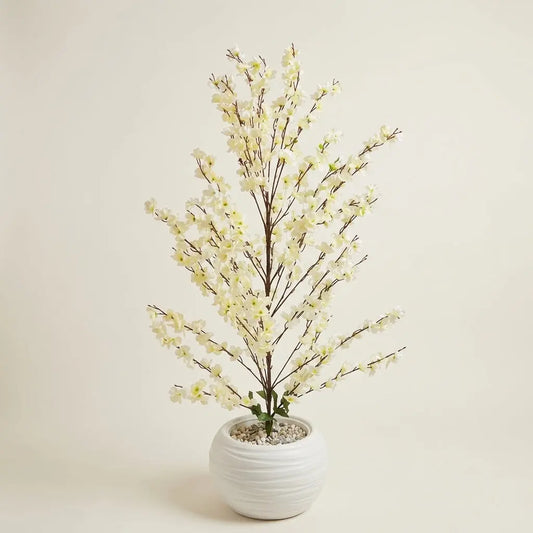 Cerisier en Fleurs Artificiel Blanc – Pot en Céramique Blanche Ondulée darlworod
