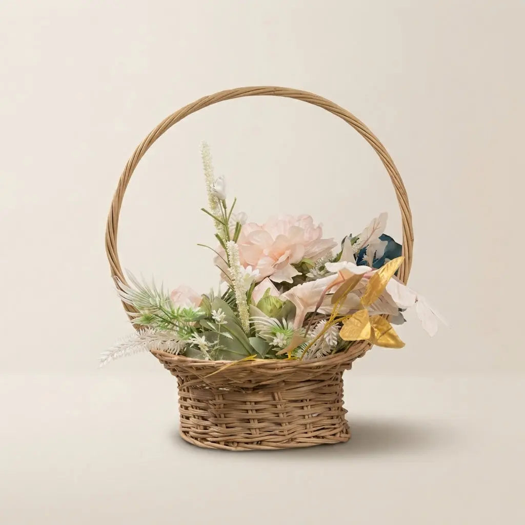 Panier en Osier avec Anse et Fleurs Artificielles | Décoration Florale Bohème