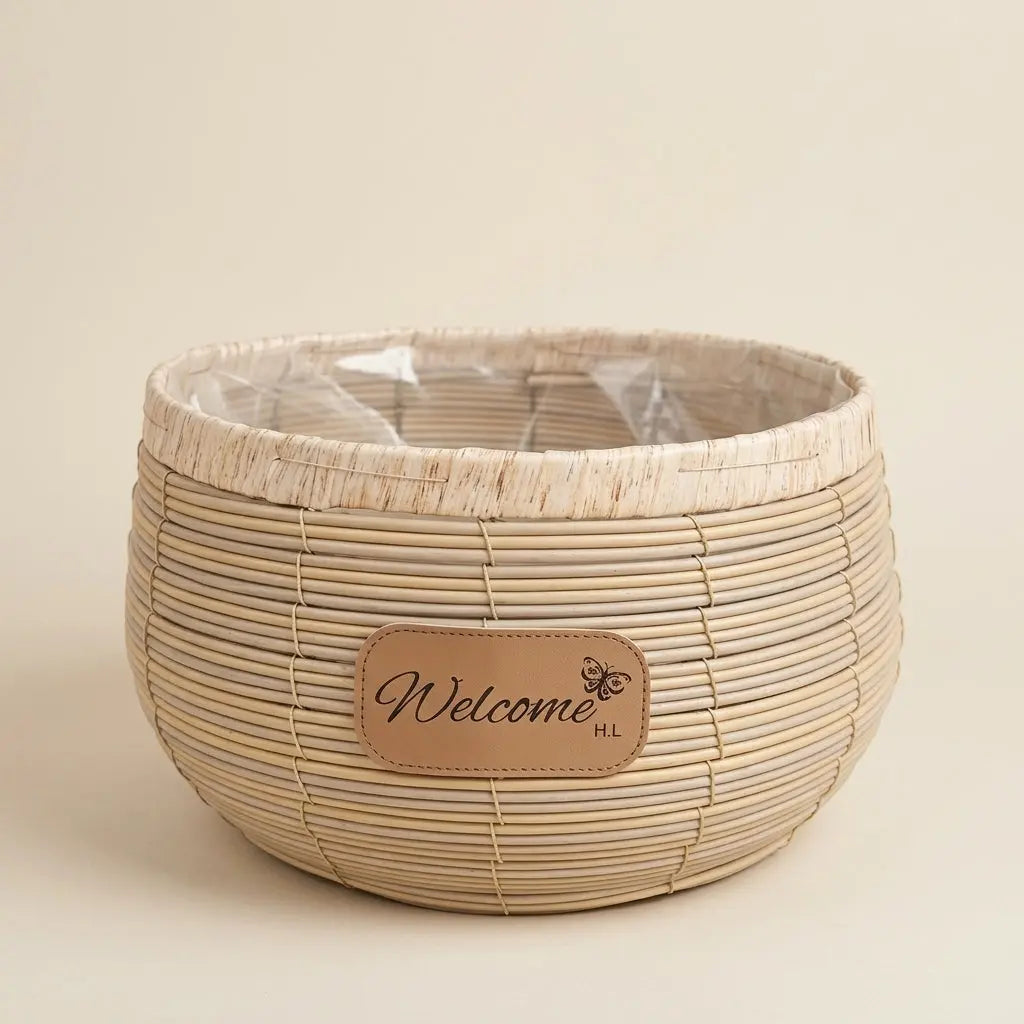 Cache-Pot Tressé Rond "Welcome" avec Film Plastique Étanche – Grand Format