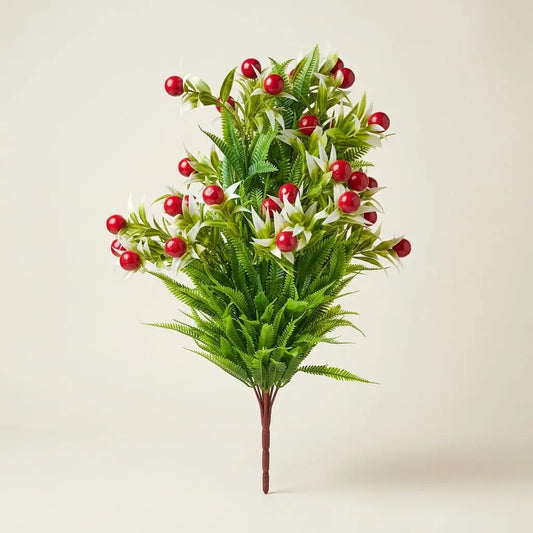 Pick de Fleurs Artificielles Feuillage Vert & Baies Rouges – Bouquet Champêtre Festif