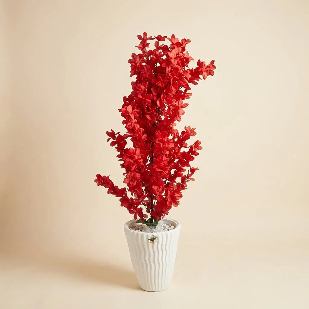 Plante Artificielle Rouge en Pot Blanc Texturé – Déco d'Intérieur Élégante & Chaleureuse darlworod