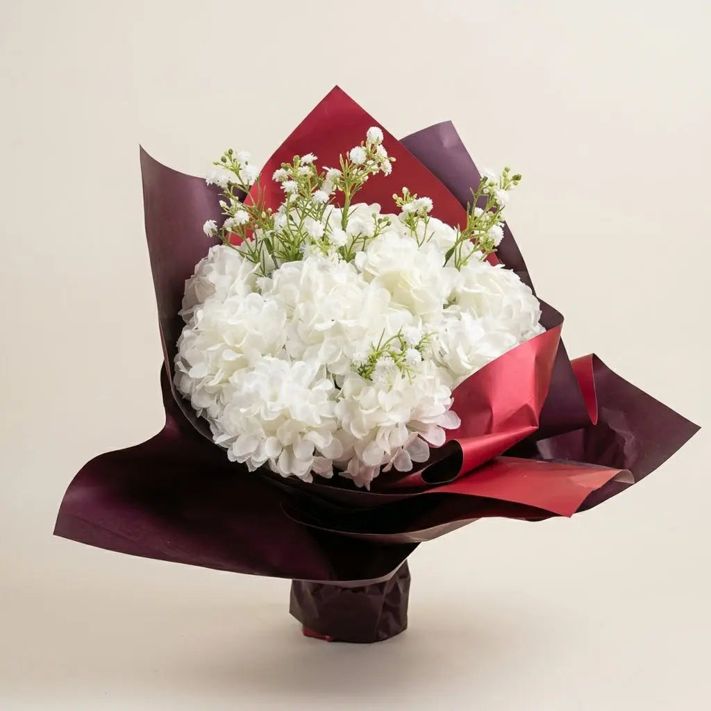 Bouquet d'Hortensias & Gypsophile Artificiels en Papier Luxe Bordeaux darlworod
