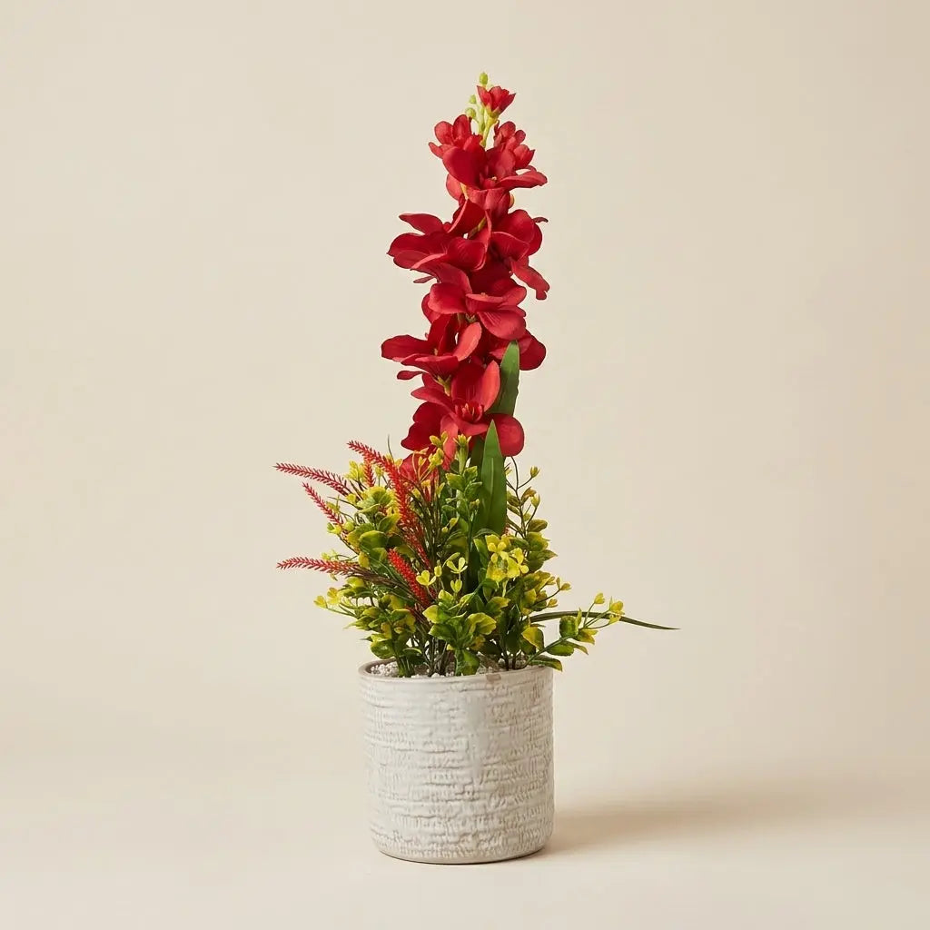 Plante en Pot Artificiel Érigée – Composition Florale Rouge et Verte Élégante