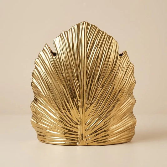 Vase Feuilles de Palmier en Céramique Dorée – Sculpture Végétale Tropical Chic
