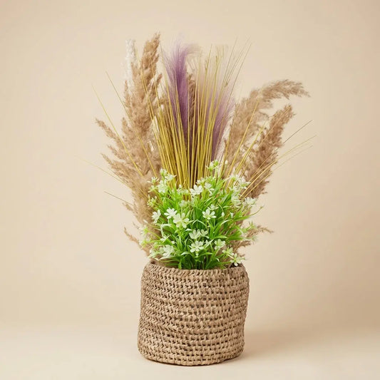 Composition Florale Artificielle Herbes de Pampas & Fleurs en Pot Tressé – Déco Boho Chic darlworod