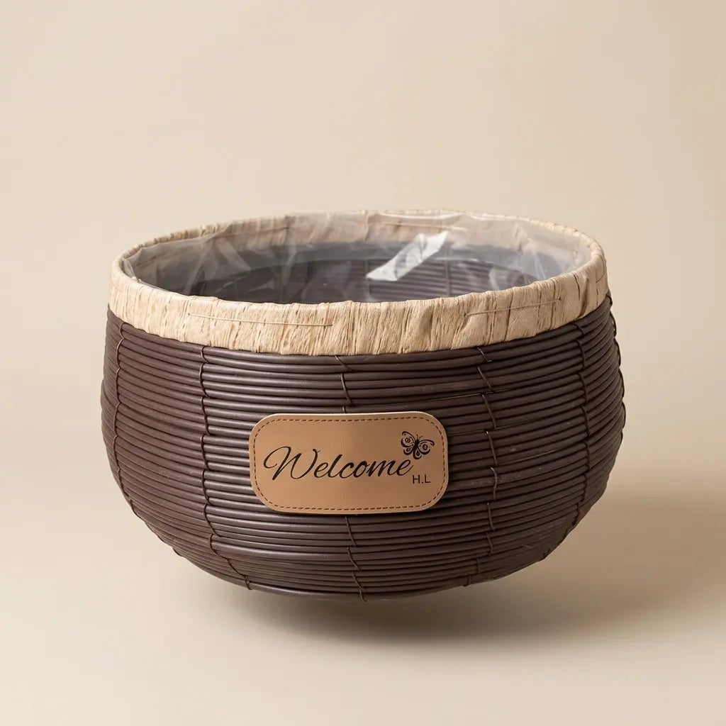 Cache-Pot Tressé Rond "Welcome" avec Film Plastique Étanche – Grand Format