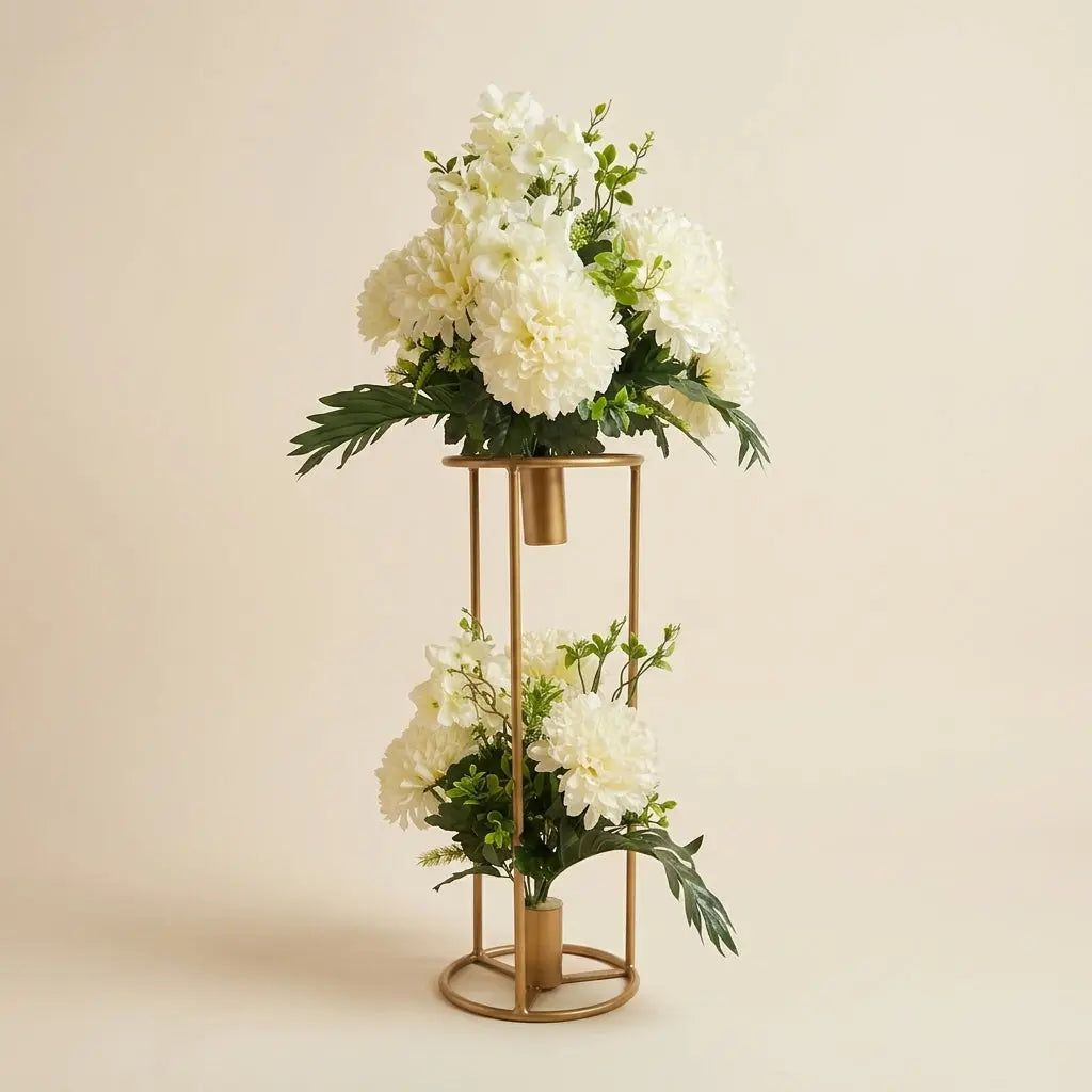 Composition Florale sur Pied Doré Double Étage – Centre de Table Luxe & Événementiel darlworod