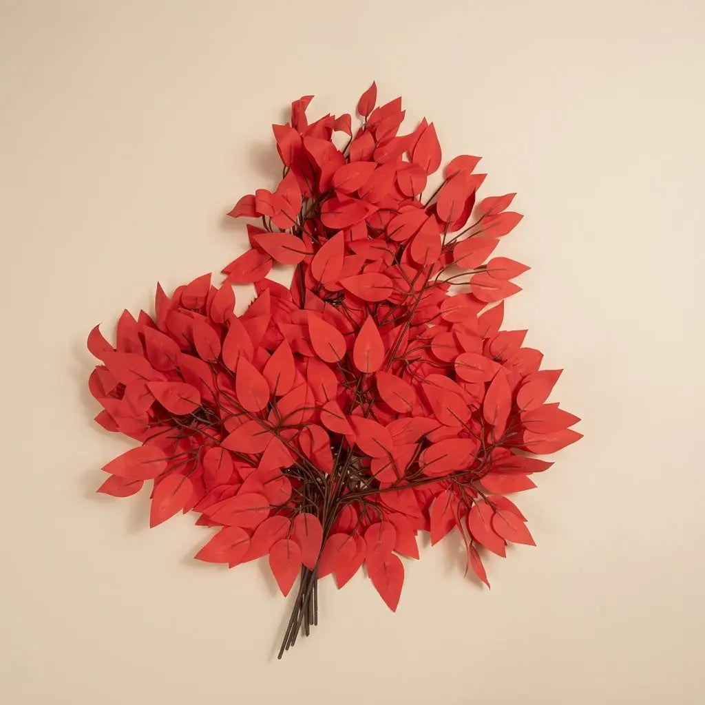 Lot de 12 Tiges de Feuillage Artificiel Rouge Vibrant – Feuilles Synthétiques Érable / Ficus