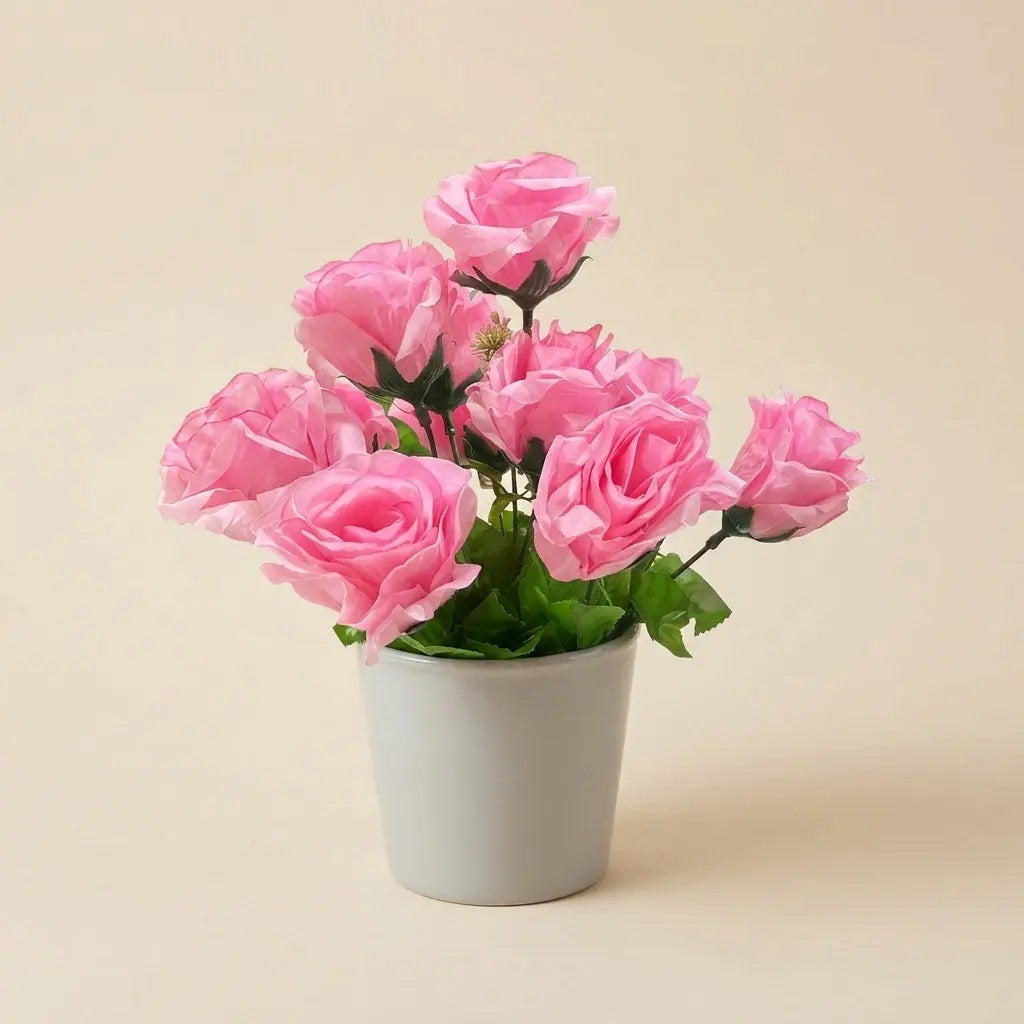 Plante en Pot Artificielle Roses Blanches et Roses – Bouquet de Roses Synthétiques en Pot