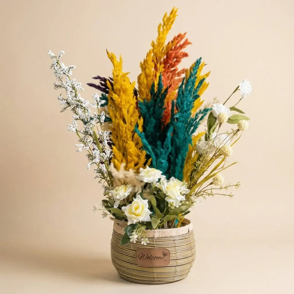Bouquet Champêtre Artificiel Pampa & Roses – Panier Tressé Artisanal "Welcome" darlworod