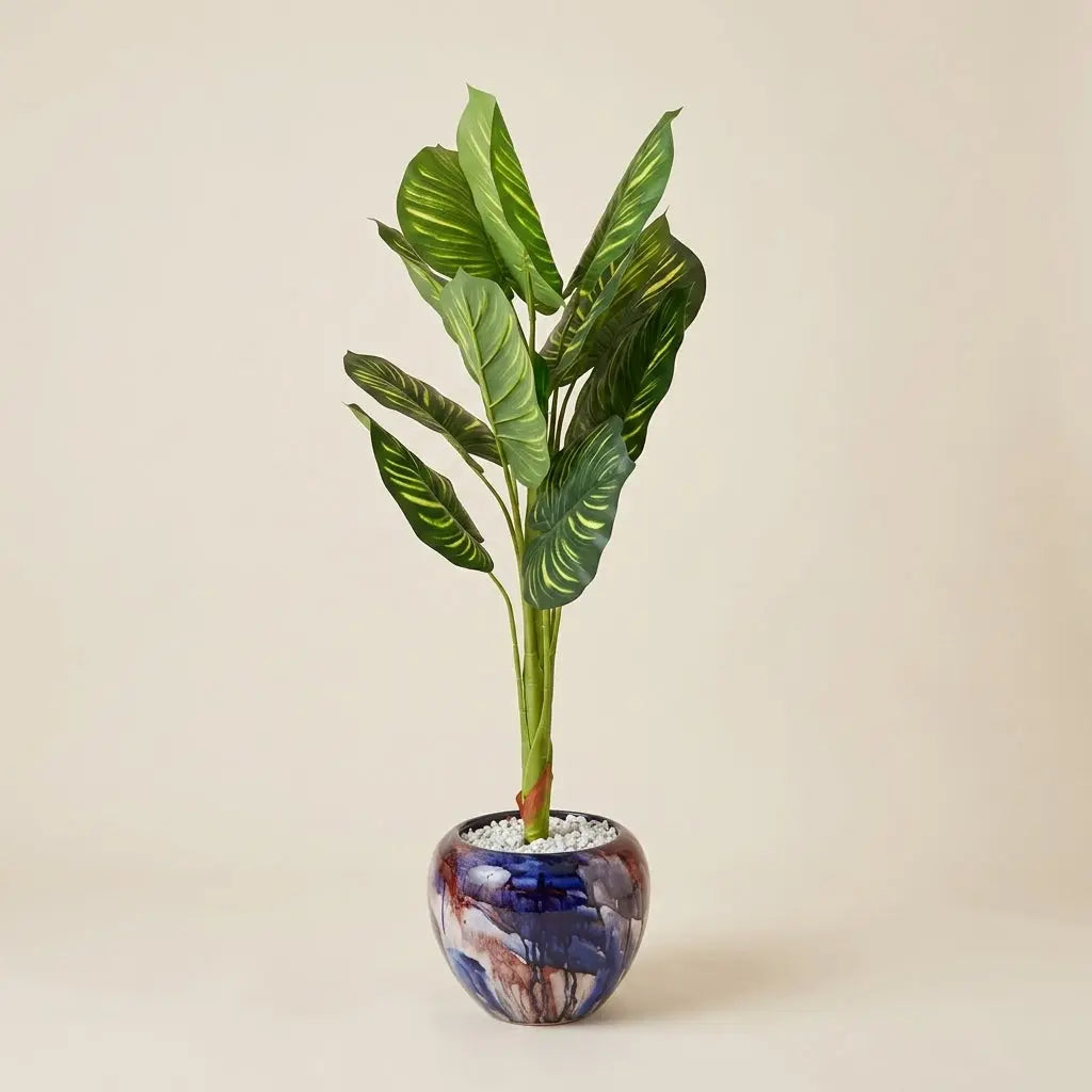 Calathea Artificielle Élancée et Son Pot en Céramique Marbrée Bleue darlworod
