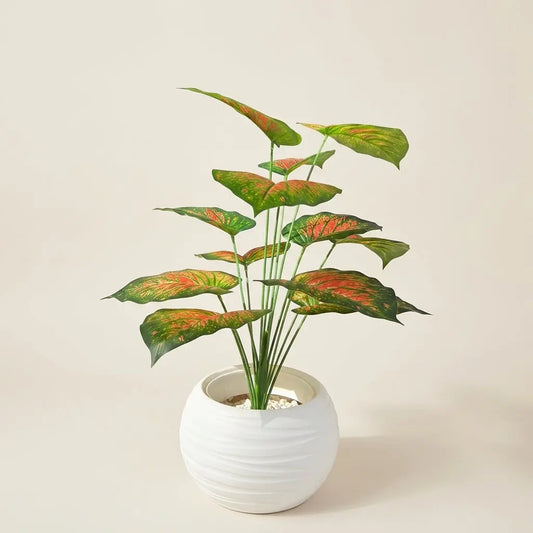 Plante Artificielle en Pot Rond Blanc – Calathéa ou Aglaonema Synthétique Panaché