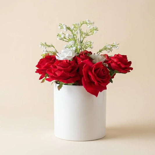 Bouquet de Roses Artificielles Rouges et Blanches en Pot Céramique Épuré darlworod
