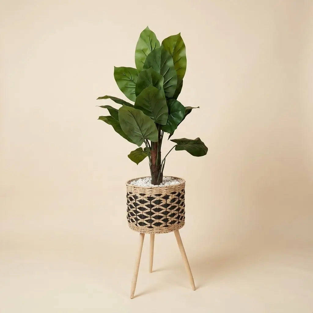 Alocasia Artificielle en Panier Tressé sur Trépied en Bois – Déco Végétale Bohème & Chic darlworod