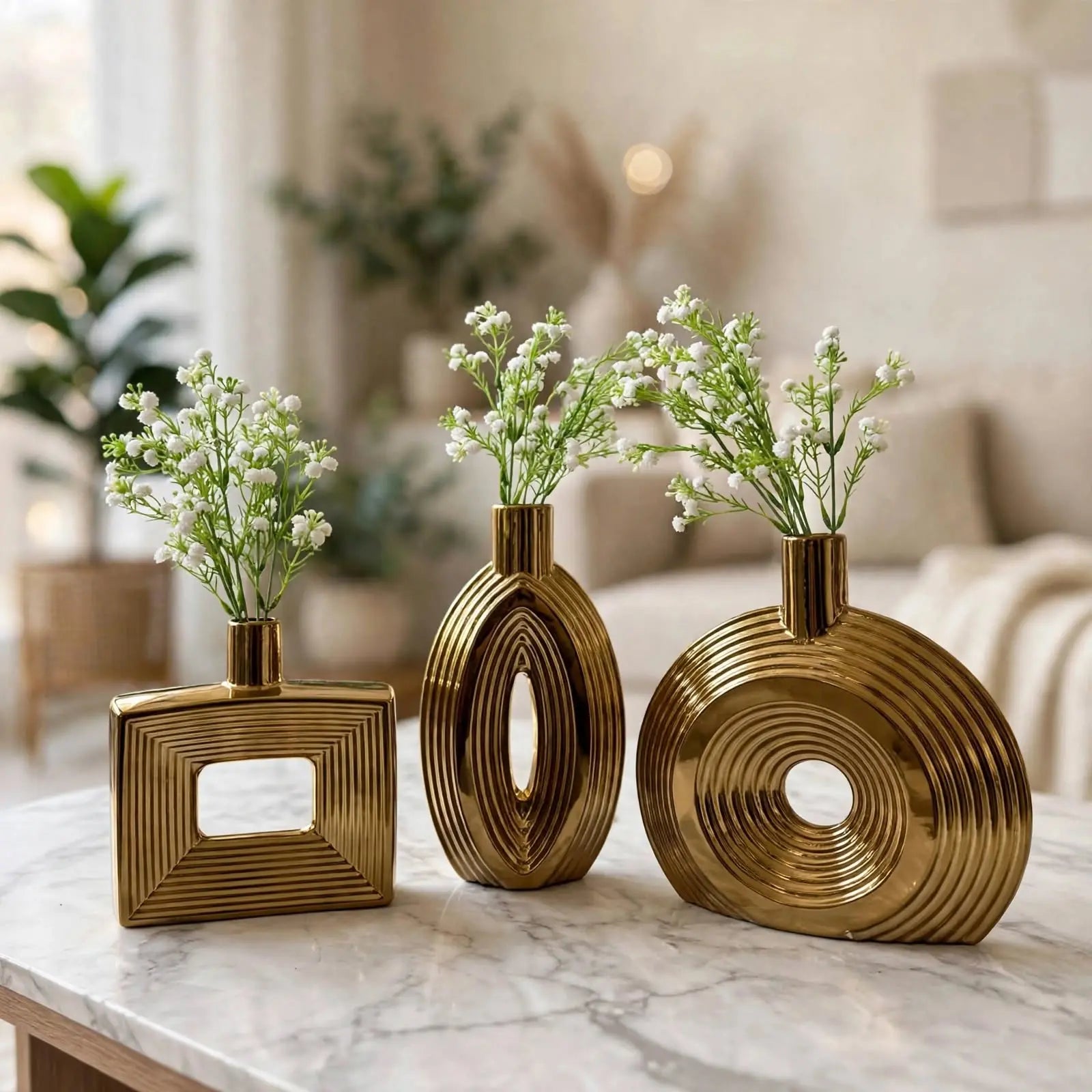 Ensemble de 3 Vases Modernes en Céramique Dorée avec Fleurs Artificielles darlworod