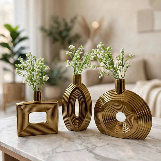 Ensemble de 3 Vases Modernes en Céramique Dorée avec Fleurs Artificielles darlworod